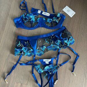 Hello.LA.Girl Sexy Blue Satin Floral Embroideried 3pc Lingerie Set